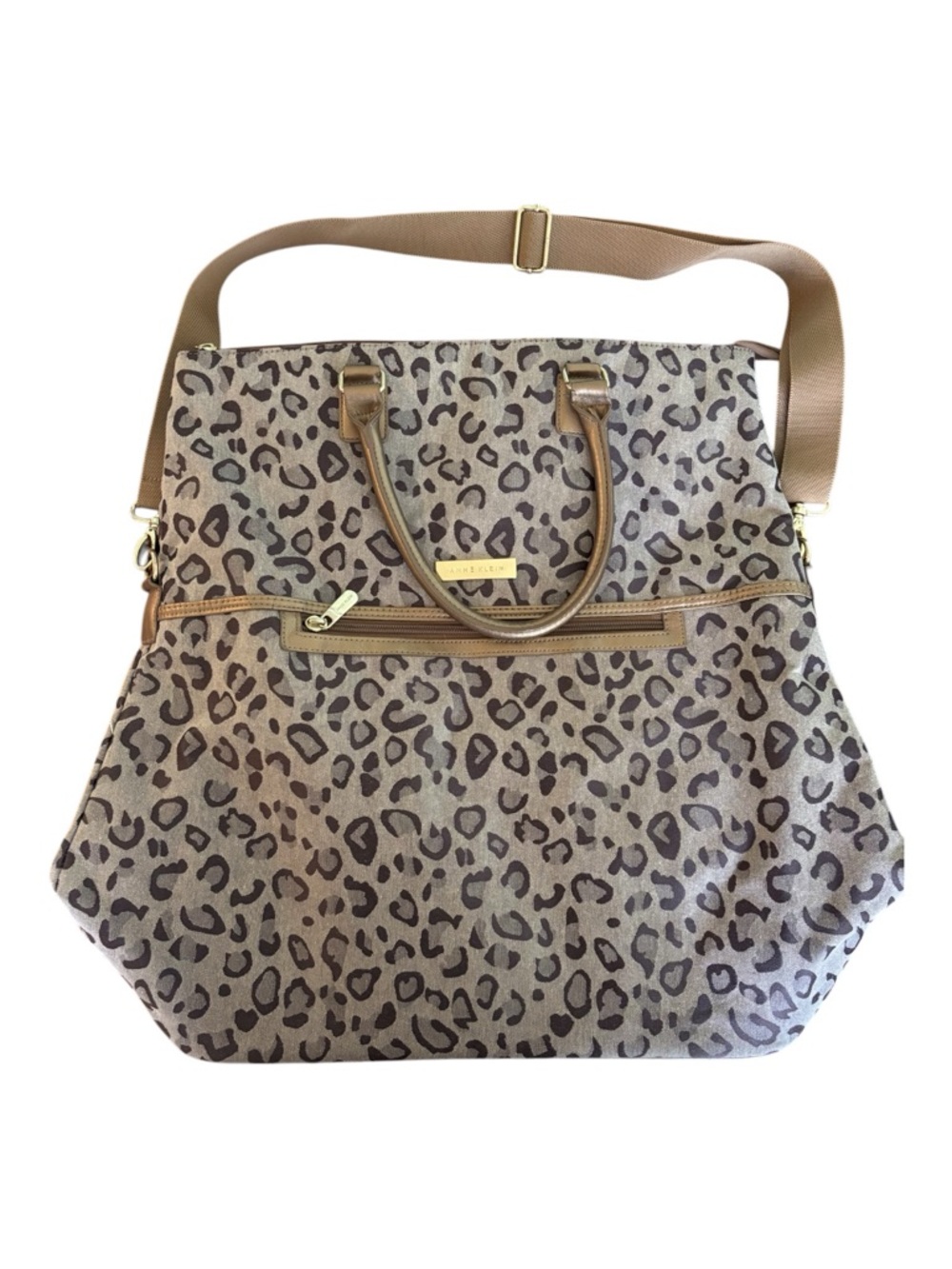 Anne Klein Leopard Print Brown Carryall Duffel Bag w Adjustable Strap & Handles